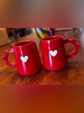 Red Heart Ceramic Mugs with Scalloped Handles - Set of 2